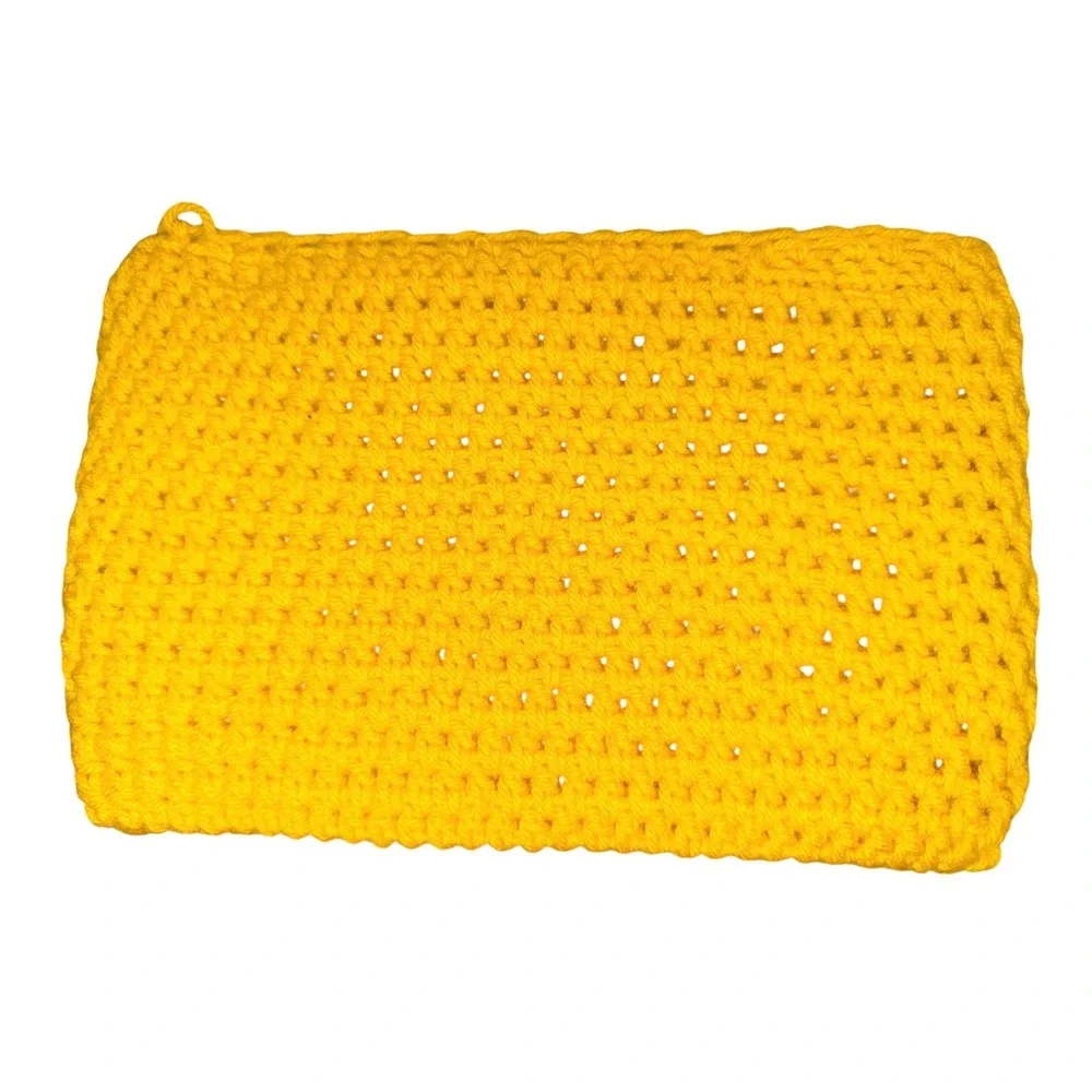 Handmade Crochet Zipper Bag Yellow Pink Flower Clutch Cosmetics Boho Cottagecore
